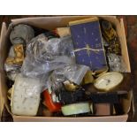 Large box of clock parts for spares or repair, including clock bodies, movements,