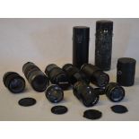 Quantity of camera lenses, mainly OM fit, including Olympus, Bell & Howell,