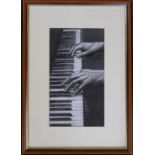 Framed charcoal drawing of a keyboard/piano and hands signed by Kathleen M Sisterson MA 40 cm x 55