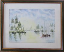 Framed watercolour of moored boats by B Middleton MBE 56 cm x 46 cm (size including frame)