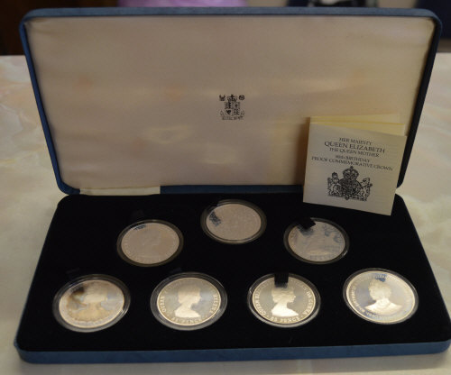 Seven silver proof coins in commemoration of Her Majesty Queen Elizabeth the Queen Mother's 80th