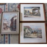 Oil painting of a Parisian street scene and 2 'Horse Dealing' prints no 1 & 2 drawn by R Scanlan