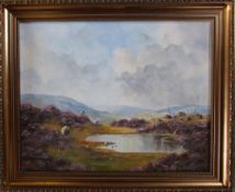 Gilt framed oil on board of sheep and heather by Lewis Creighton (1918-1996) 60 cm x 50 cm (size