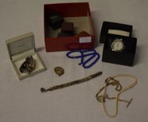 Various costume jewellery including a Beverly Hills Polo Club watch and a silver gate padlock