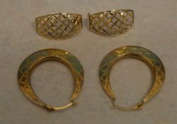 Pair of 9ct gold hoop earrings and a pair of yellow metal mesh style earrings,