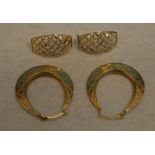 Pair of 9ct gold hoop earrings and a pair of yellow metal mesh style earrings,