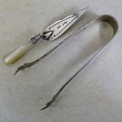 Silver and mother of pearl novelty trowel bookmark Chester 1924 & pair of silver sugar tongs