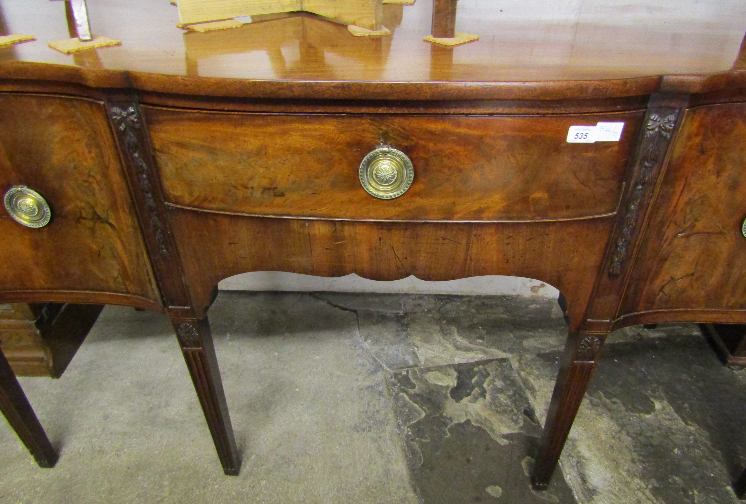 George III serpentine front mahogany sideboard on tapering fluted legs with Adam style carved - Image 7 of 11