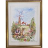 Large framed Colin Carr watercolour of Waltham Windmill signed and dated 1982 51 cm x 65 cm (size