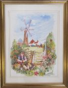Large framed Colin Carr watercolour of Waltham Windmill signed and dated 1982 51 cm x 65 cm (size