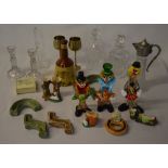 Mixed lot including Murano style clowns, Bells whiskey decanter (empty),