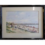 Framed watercolour of a beach scene by John Landrey 37 cm x 28.
