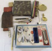 Various items inc spoons, silver and mother of pearl pocket knife, tartanware box, pipe, wallets,