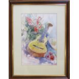 Watercolour still life of a guitar by John Bramley 44 cm x 58 cm (size including frame)