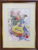 Watercolour still life of a guitar by John Bramley 44 cm x 58 cm (size including frame)