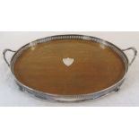 Large twin handled silver plate and oak tray L 56 cm W 44.