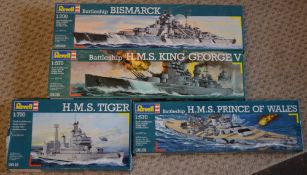 Approx 4 Revell battleship model kits including Bismarck, HMS King George V,