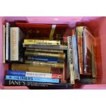 Box of military/navy themed books including Fighting Warships of WWII and History of the Worlds