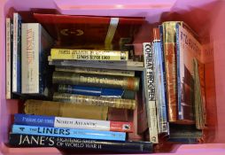 Box of military/navy themed books including Fighting Warships of WWII and History of the Worlds