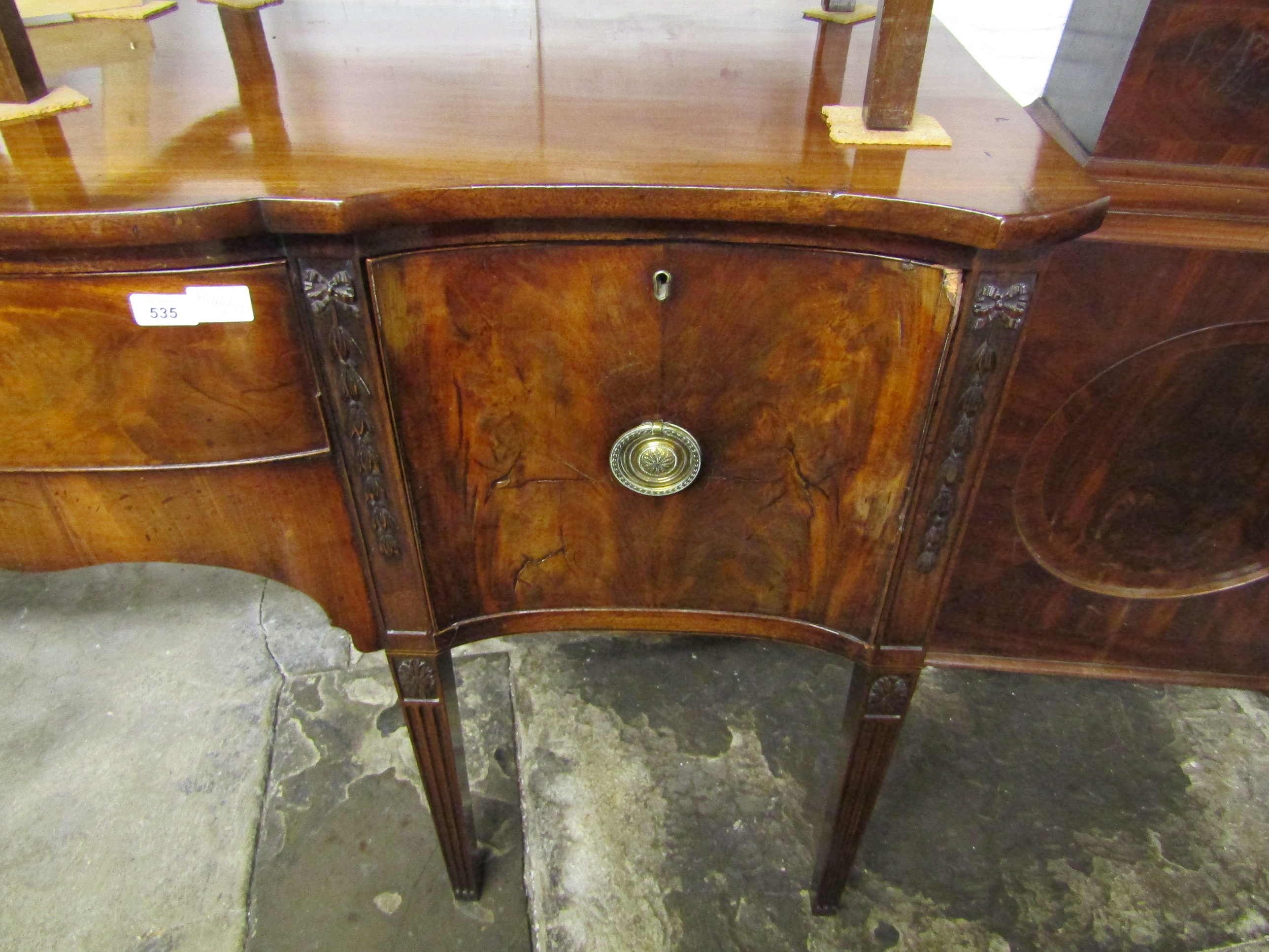 George III serpentine front mahogany sideboard on tapering fluted legs with Adam style carved - Image 8 of 11