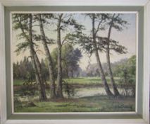 Oil on canvas of trees by a stream by Clive Browne 58.5 cm x 48.