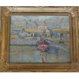 Gilt framed oil on board of an impressionist painting of boats in a harbour signed Theo 1965 64 cm