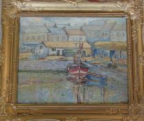 Gilt framed oil on board of an impressionist painting of boats in a harbour signed Theo 1965 64 cm
