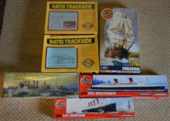 Approx 6 Airfix/Revell/Ratio Trackside model kits including HMS Campbeltown and RMS Queen Elizabeth