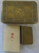 Princess Mary WWI 1914 Christmas tin with Christmas card & a trench art match box holder engraved