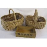 2 wicker shopping baskets & an early 20th century Bovril box