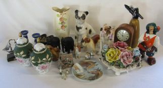 Various ceramics incs Wade whimsies Lady & the tramp and Capodimonte, mantle clock,
