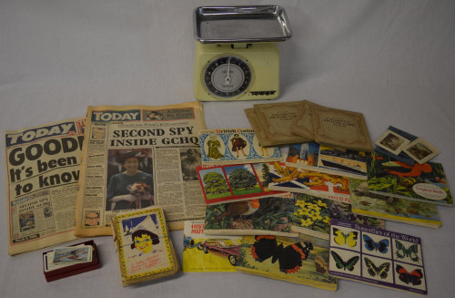 Picture cards including Brooke Bond and Wills in albums, Tower 10lb scale and the 'Today' newspaper,