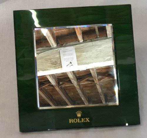 Rolex easel shop counter mirror with green leather back 25cm by 25cm