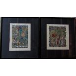 Pair of framed hand tinted lino/wood block prints 51.