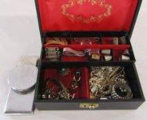 Jewellery box containing assorted costume jewellery, thimbles,