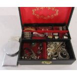 Jewellery box containing assorted costume jewellery, thimbles,
