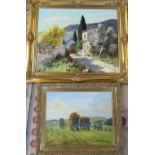 2 gilt framed oil paintings by M Fredo and Paul Haigh (Fredo painting has hole in canvas)