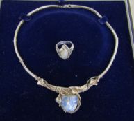 Contemporary ornate silver necklace and ring with blue quartz stone by LBJ designs total weight 1.