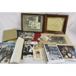 Box of military ephermera and framed photograph of HMS Hawkins crew etc