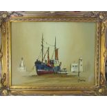 Framed oil painting of a fishing trawler by M Jefferies 50 cm x 39 cm (size including frame)