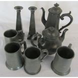 Selection of pewter inc tankards and candlesticks