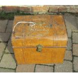 Small Victorian scrumbled tin trunk with inscription 'Mrs Scott Calcutta to London'