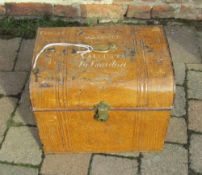 Small Victorian scrumbled tin trunk with inscription 'Mrs Scott Calcutta to London'