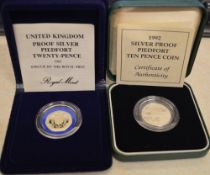 UK proof silver piedfort 1982 twenty pence coin and 1992 silver proof piedfort ten pence,