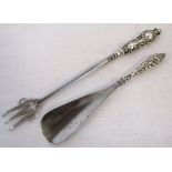 Silver handled shoe horn & a silver handled ornate pickle fork