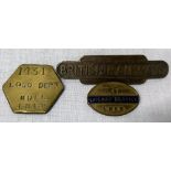 3 brass railway badges/plates 'Loco Dept Hull LNER',