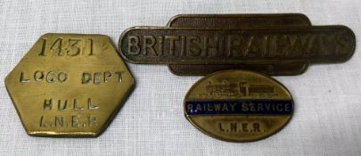 3 brass railway badges/plates 'Loco Dept Hull LNER',