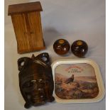 Small wooden cabinet, two bowls,