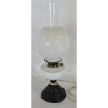 Victorian oil lamp with cast iron base (converted to electricity) H 57 cm