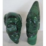 2 large carved Malachite African busts H 23 cm and 17 cm